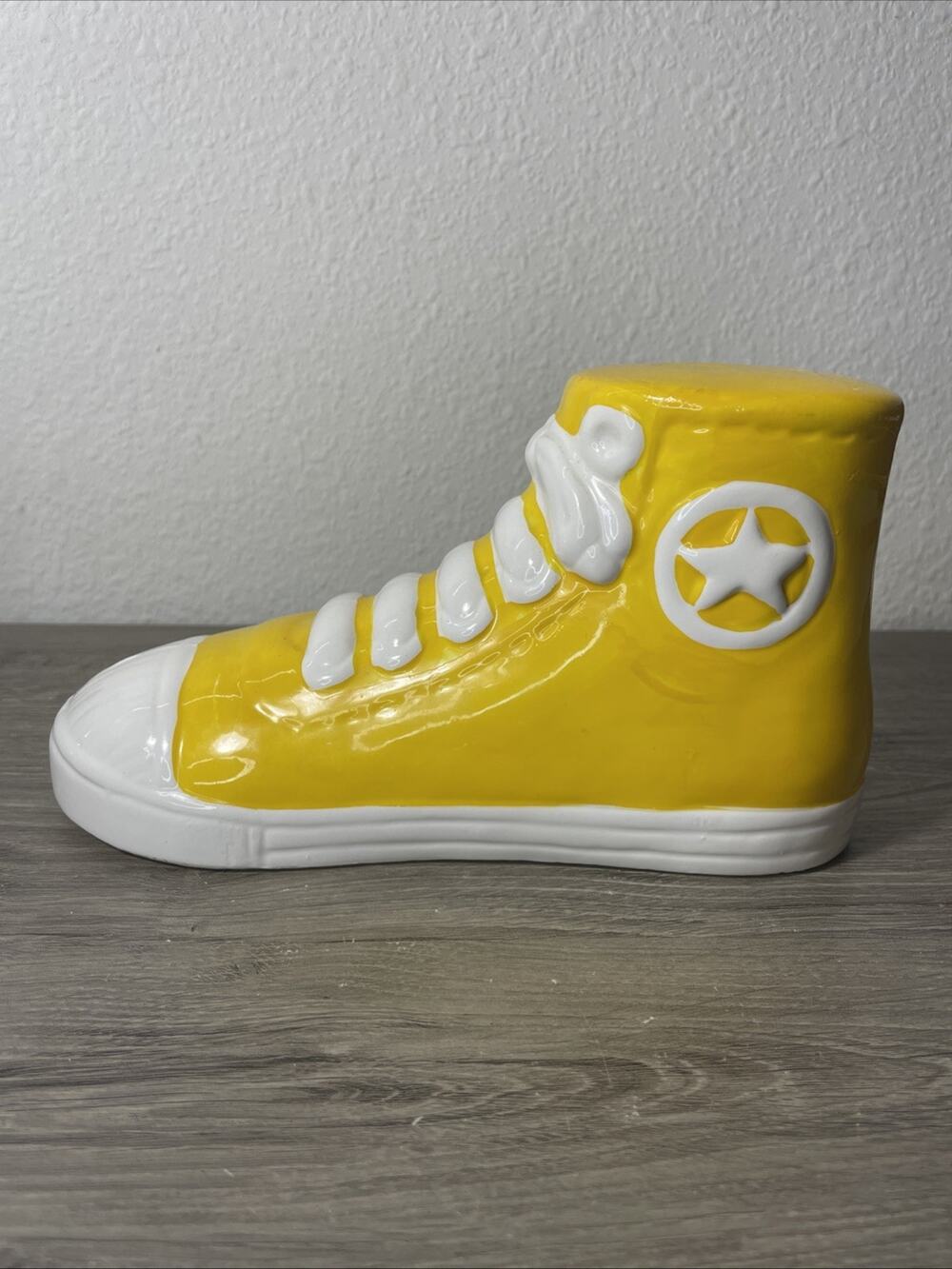 Vintage Ceramic Yellow Sneaker Coin Bank Retro Canvas High Top Shoe Piggy Bank